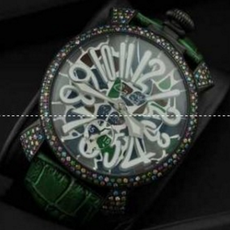 人気美品 gagamilano ガガミラノ腕時計 2針 機械式（手巻き）/夜光効果 グリーン レザー ダイヤベゼル.