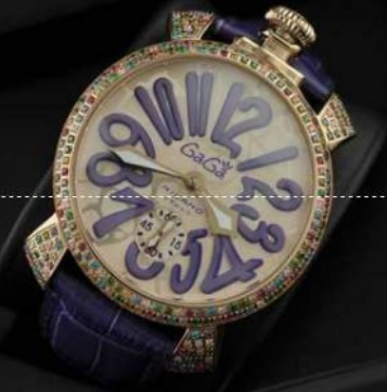 可愛い美品 gagamilano ガガミラノ腕時計 日本製クオーツ ダイヤベゼル パープル インデックス 2針 機械式（手巻き）/夜光効果 紫色.