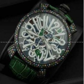 人気美品　GaGaMILANO ガガミラノ腕時計 2針 機械式（手巻き）/夜光効果 グリーン レザー ダイヤベゼル.