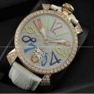 シンプルなデザイン 　GaGaMILANO　ガガミラノ　ダイヤ文字盤ベゼル 白インデックス メンズ　腕時計　手巻き レザーベルト　ホワイト.