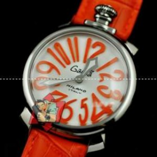 優れたデザイン性　GaGaMILANO ガガミラノ腕時計　ステンレスケース　2針 機械式　手巻き　夜光効果　レザーベルト　メンズ腕時計　オレンジ.
