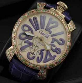 可愛い美品 GaGaMILANO ガガミラノ腕時計 日本製クオーツ ダイヤベゼル パープル インデックス 2針 機械式（手巻き）/夜光効果 紫色.