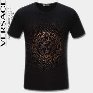 Versace メンズ半袖Ｔシャツ ヴェルサーチ ラインストーンTシャツ ブラック ...