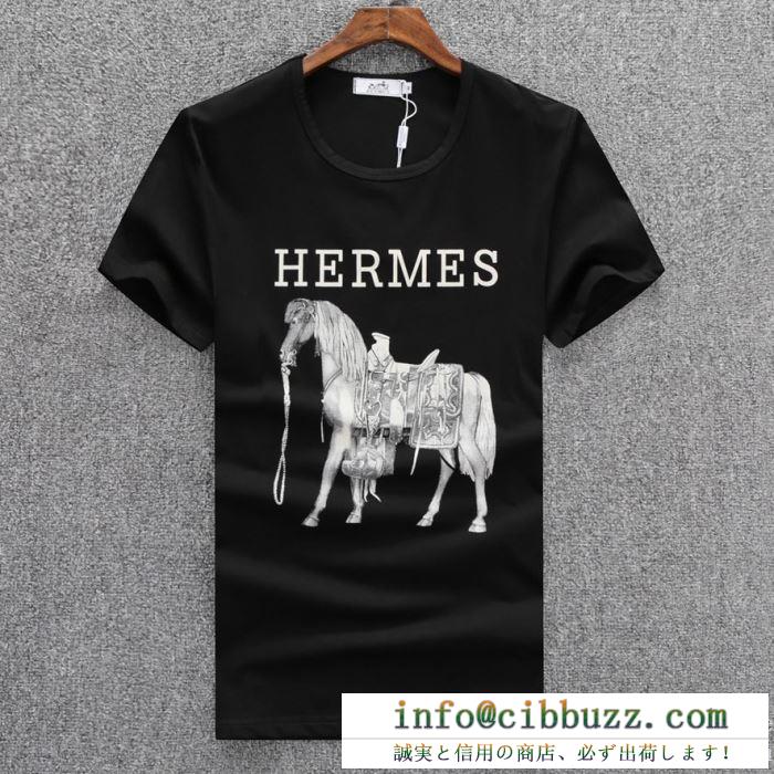 18春夏NEWトップス エルメス 偽物 ｔシャツ 新作 hermes logo tシャツ 半袖 メンズ 吸水速乾 クルーネック