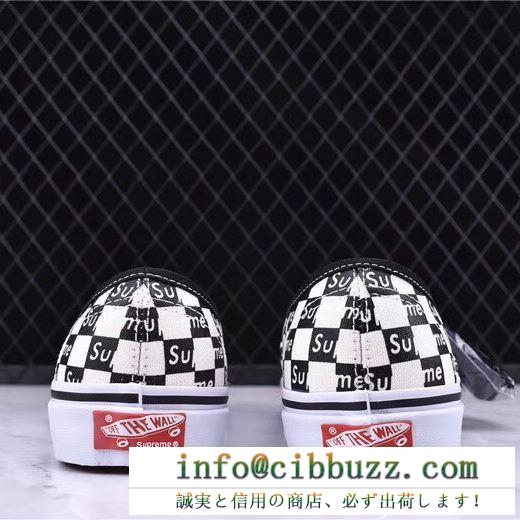 注目度NO.1お洒落 (シュプリーム) x vans skull pile slip-onスニーカー カップル supreme checkers キャンバス 黒x白 靴