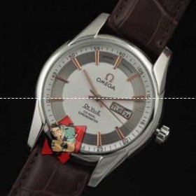 大人気美品 OMEGA-オメガ腕時計メンズ機械式腕時計白文字盤日付表示　男女兼用腕時計　レザー　ベルトウォッチ